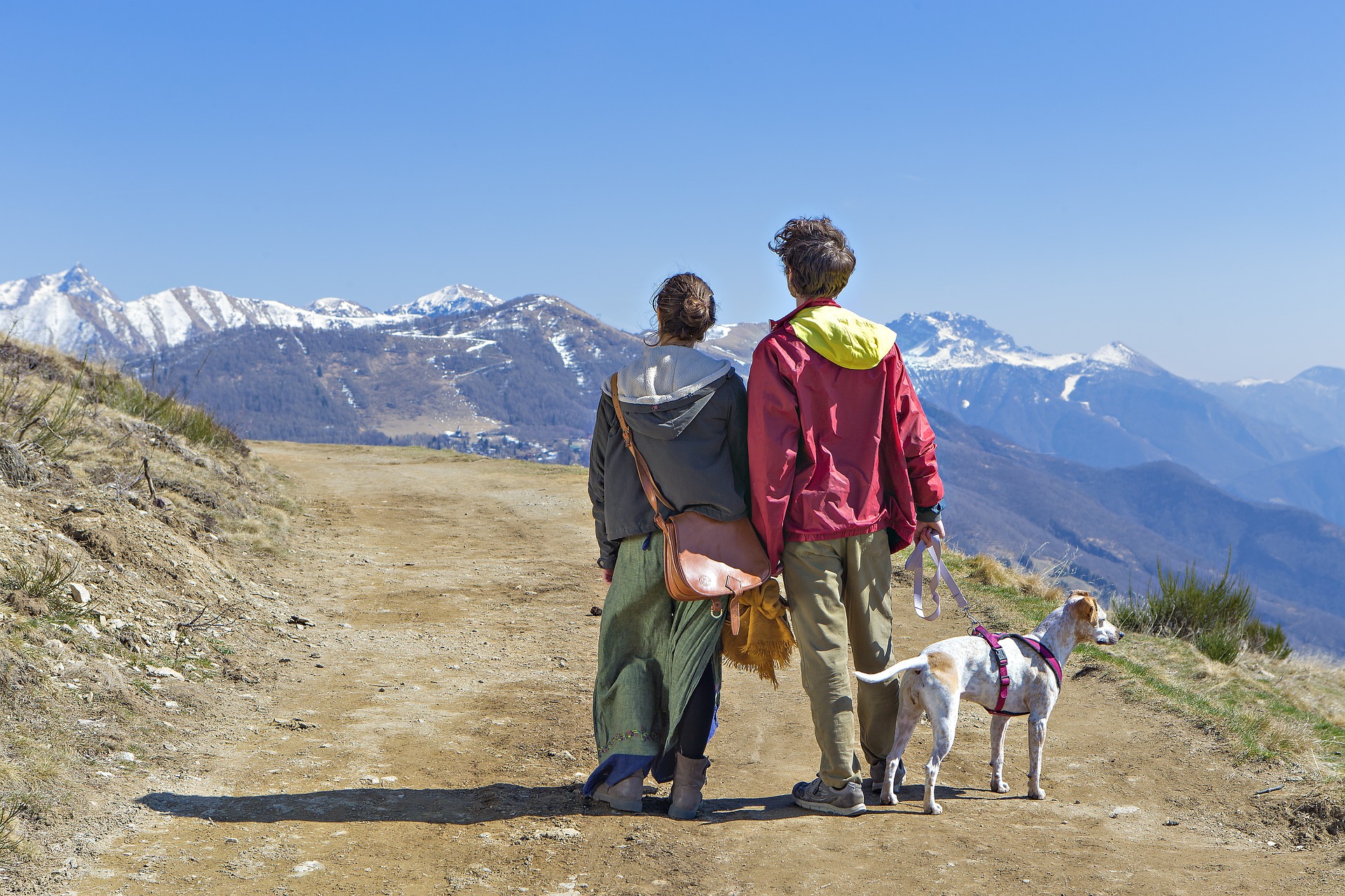 couple en randonnée sur un chemin avec un chien 